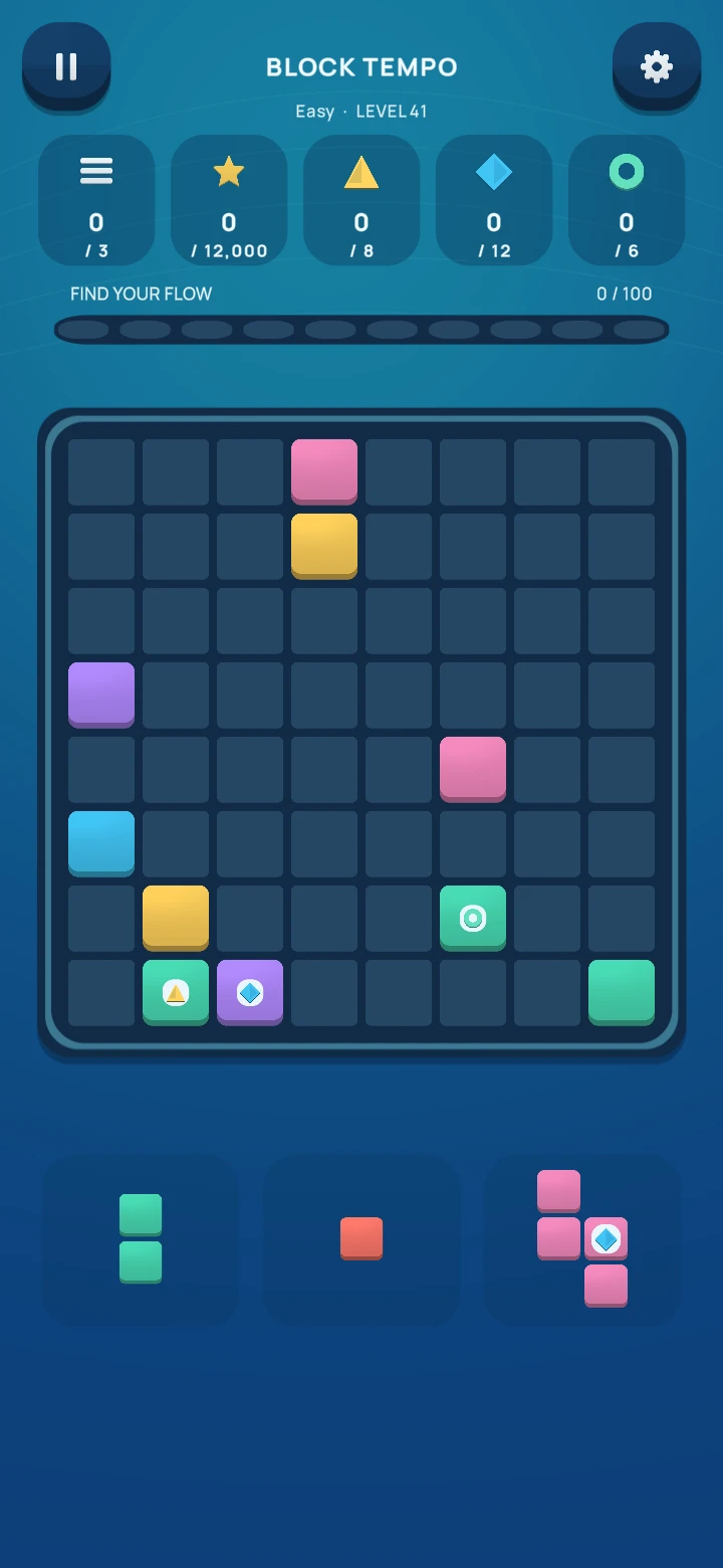 Block Tempo development gameplay: an eight-by-eight board, colorful blocks, level goals, and three pieces ready to place.